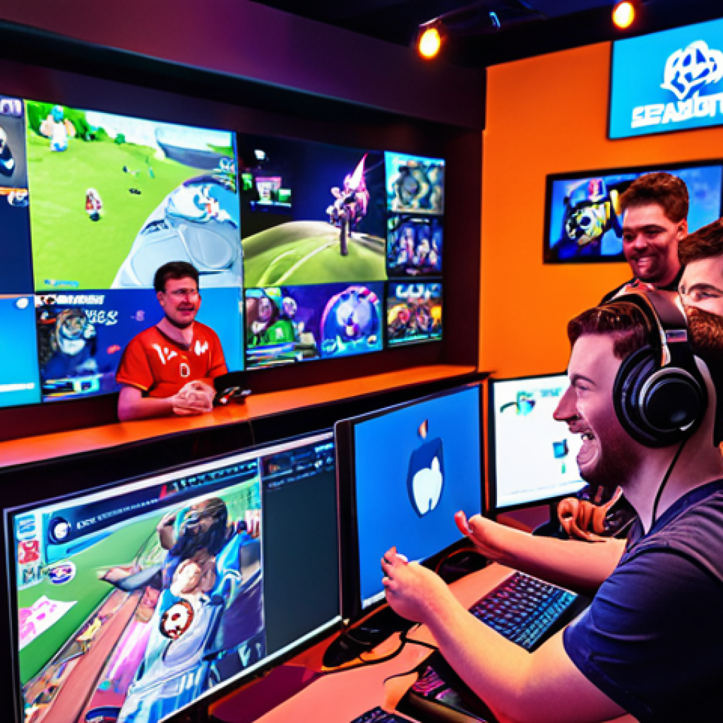 A vibrant, eye-catching visual representing a diverse group of individuals collaborating on a marketing campaign for an Esports team. The scene should include elements like gaming consoles, team logos, social media interfaces, and enthusiastic fans in the background. Focus on showcasing the energy and excitement of the gaming world, emphasizing teamwork, strategy, and digital engagement.