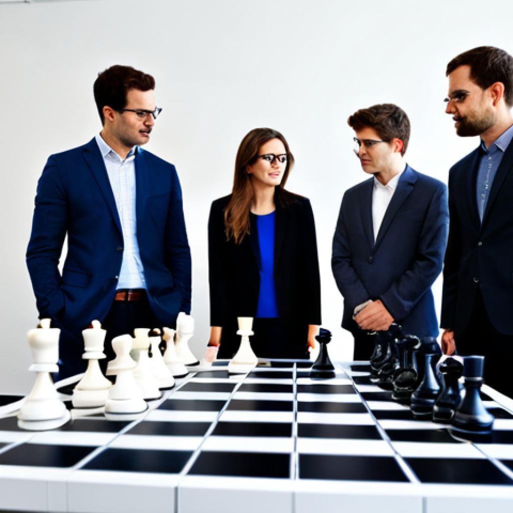 Algorithmic Chess**
A diverse group of professional marketers huddle around a giant chessboard representing social media platforms. Chess pieces are shaped like social media icons (Facebook, Instagram, etc.). One marketer, a young woman in a blazer, is intently studying the board, while another, a mature man in a sweater, points to a piece, offering advice. The background is a modern, brightly lit office. Fully clothed, appropriate attire, safe for work, perfect anatomy, natural proportions, professional, high quality, well-formed hands, proper finger count, natural body proportions.
**
