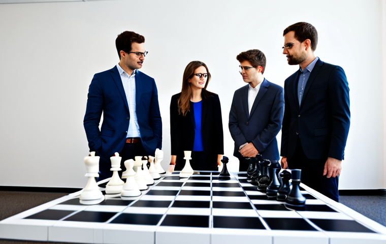 Algorithmic Chess**

A diverse group of professional marketers huddle around a giant chessboard representing social media platforms. Chess pieces are shaped like social media icons (Facebook, Instagram, etc.). One marketer, a young woman in a blazer, is intently studying the board, while another, a mature man in a sweater, points to a piece, offering advice. The background is a modern, brightly lit office. Fully clothed, appropriate attire, safe for work, perfect anatomy, natural proportions, professional, high quality, well-formed hands, proper finger count, natural body proportions.

**