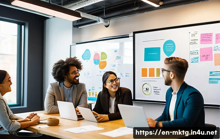 마케팅관리사 시험 준비에 효과적인 그룹 프로젝트 - A diverse group of five young adults (mixed gender and ethnicity, 20s-30s) are collaboratively brain...