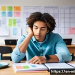 Home 19 마케팅관리사 실기 시험에서 주의할 점 - A focused college student sitting at a modern desk in a bright study room, surrounded by marketing t...