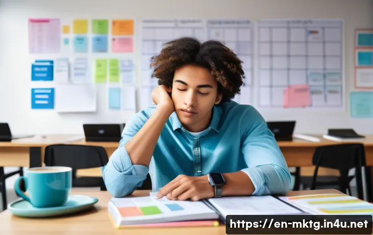 마케팅관리사 실기 시험에서 주의할 점 - A focused college student sitting at a modern desk in a bright study room, surrounded by marketing t...