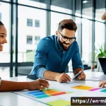 Home 16 마케팅관리사 필기 시험에서 가장 어려운 부분 - A modern marketing team collaborating in a bright, open office space, diverse professionals analyzin...