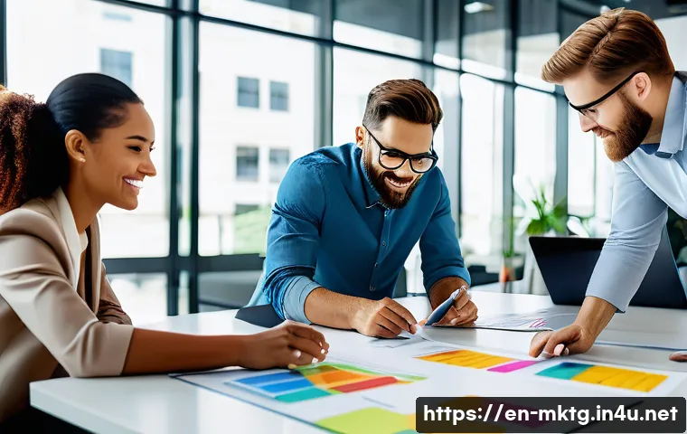 마케팅관리사 필기 시험에서 가장 어려운 부분 - A modern marketing team collaborating in a bright, open office space, diverse professionals analyzin...