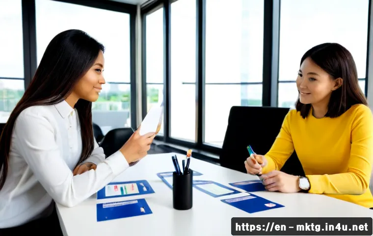 마케팅관리사 실기 시험에서 강조되는 협업 능력 - Photorealistic marketing certification practical exam workshop, four diverse adult candidates collab...